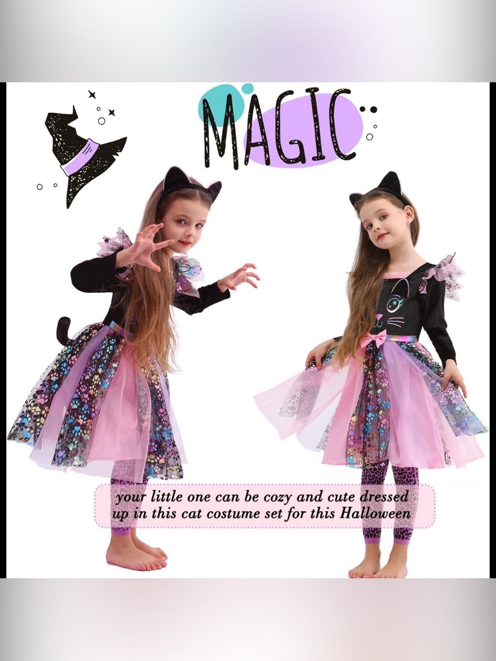 NWT Girls Black & Pink Cat Costume Dress with Headband and Tail Sz 2-3 years - Picture 2 of 4